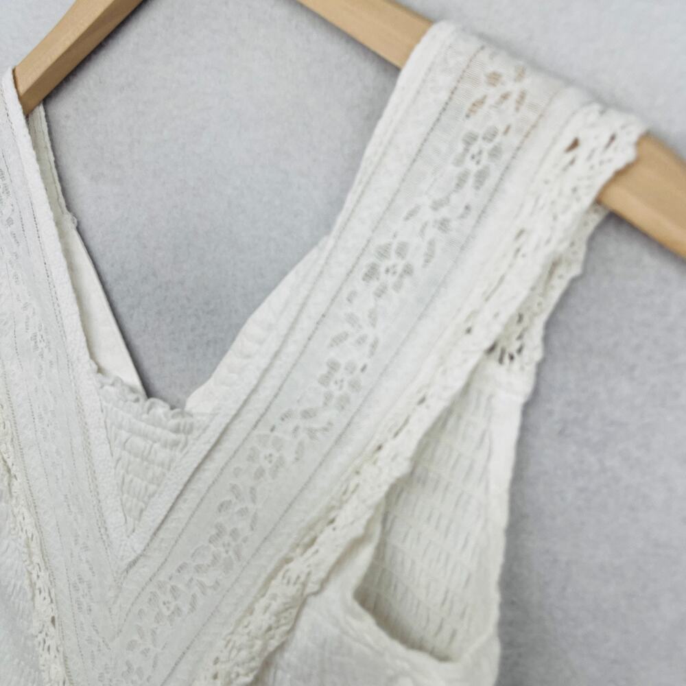 FREE PEOPLE Tank Top S On My Mind Vest Smocked Lace Trim Crop Button Up White - Picture 9 of 13